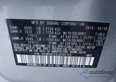 2018 Subaru Outback 2.5I Premium from USA, damaged, VIN 4S4BSACC5J3366143